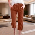 thumbnail image 2 of Capri Pants for Women Casual 2026 Summer Drawstring Elastic High Waist Linen Pant Straight Wide Leg Cropped Trouser Light Brown L, 2 of 7