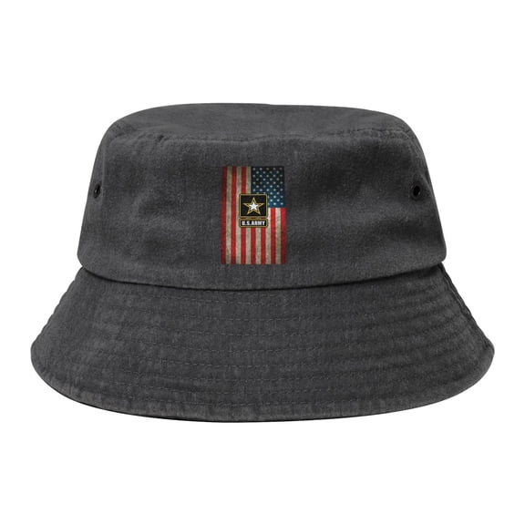 Us Flag With Army Logo Washed Bucket Hat For Men Women Denim Bucket Hat Sun Hat Cowboy Fishing Beach Hat