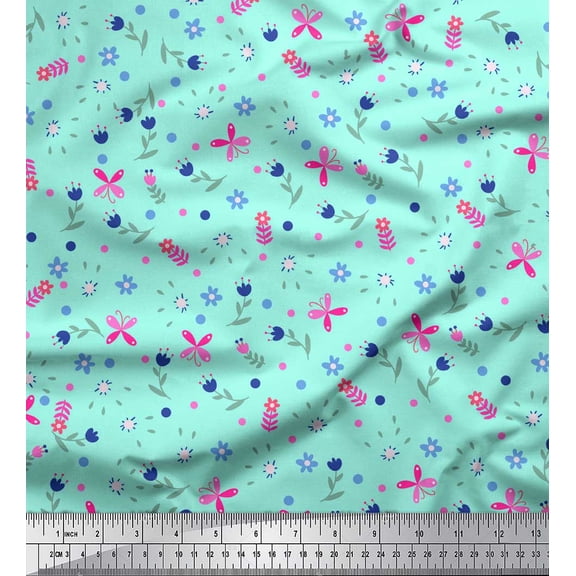 Soimoi Silk Fabric Dot,Leaves & Floral Clip Art Decor Fabric Printed Yard 42 Inch Wide