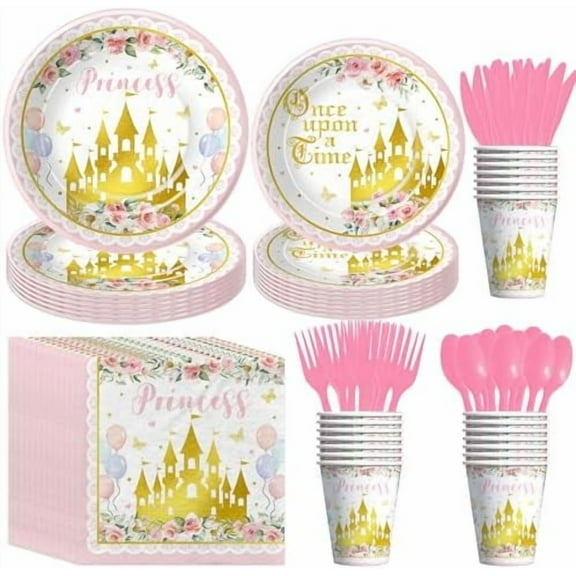 Princess Birthday Party Decorations Tableware, Pink Floral Gold Castle Fairytale Princess Once Upon A Time Party Supplies for Birthday Baby Shower, Plate, Cup, Napkin, Cutlery, 24 Guest