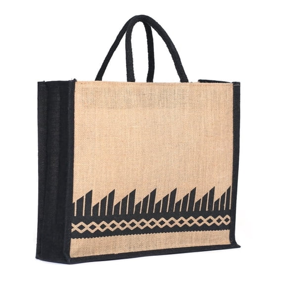 ATOTE Geometric Print Jute Bag, 14x16x5 Inch, Natural & Black Reusable Grocery Tote with Zipper & Padded Handles, Set of 1 Pcs