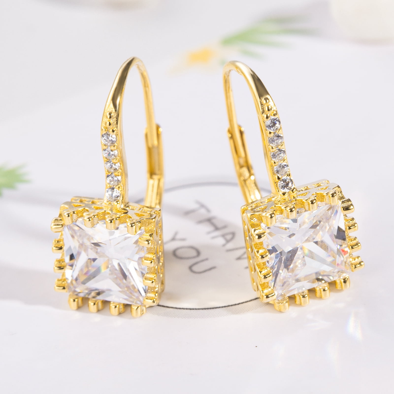925 Sterling Silver Lever Back Earrings with Princess Cut Cubic Zirconia for Women