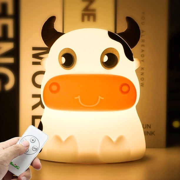 Luz nocturna portátil para niños, control táctil, luz nocturna recargable, cambia de color, control remoto, linda lámpara de noche de silicona con forma de vaca, decoración para bebés o niños pequeños
