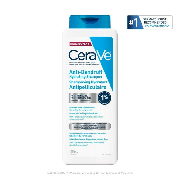 CeraVe Anti Dandruff Hydrating Shampoo for Men & Women, Gently Cleanses Scalp & Hair While Reducing Flakes, Itchiness, and Irritation, 355mL, Reduces dandruff flakes
