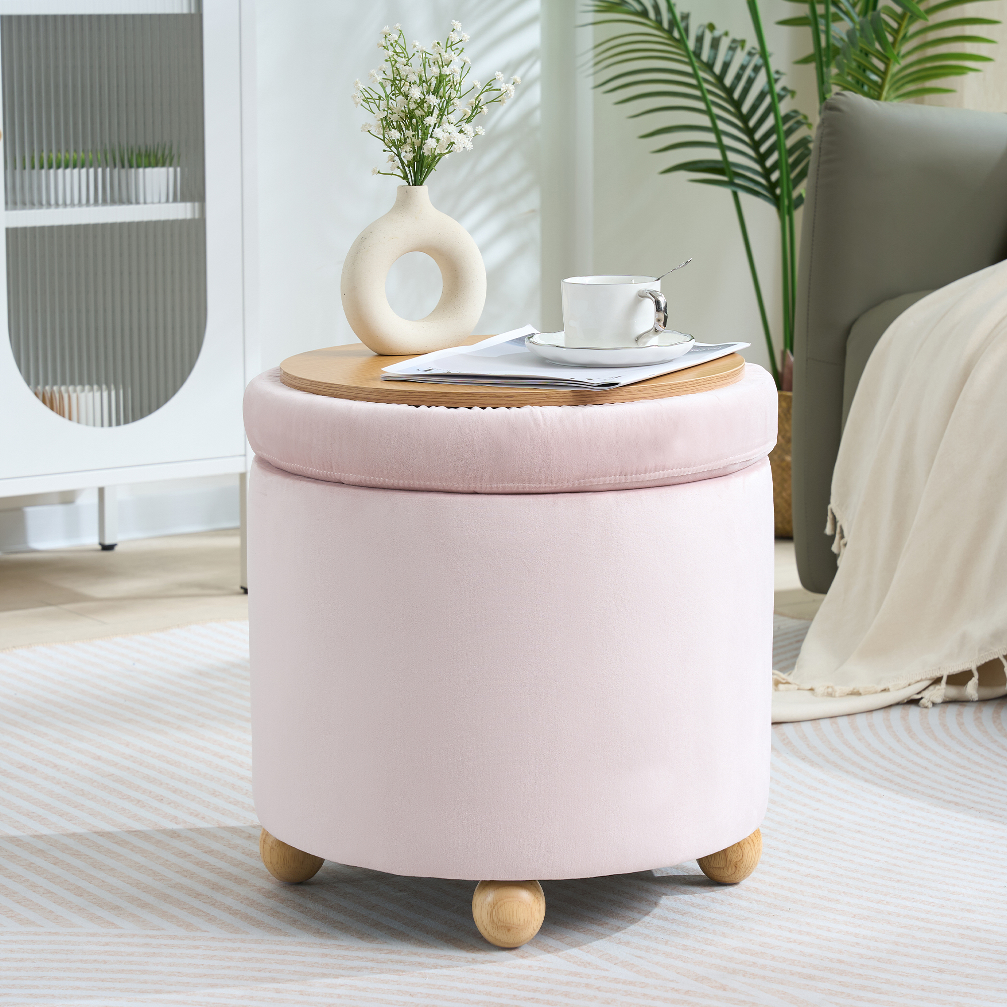 Round Velvet Storage Ottoman with Reversible Tray Lid, Tufted Upholstered Footrest Stool with Wooden Legs