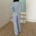 thumbnail image 3 of Women's Striped Long-Sleeve Top & High-Waisted Pants Fashion Casual Set, Modern and Flattering Outfit for Daily Wear,Blue,S, 3 of 5