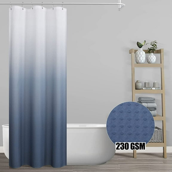 Blue Shower Curtain for Bathroom, 36 x 72 Inch 230GSM Heavy Duty Weighted Waffle Weave Fabric Ombre Waterproof Shower Curtains Simple Elegant Modern Bath Curtain with 6 Hooks,Machine Washable Navy