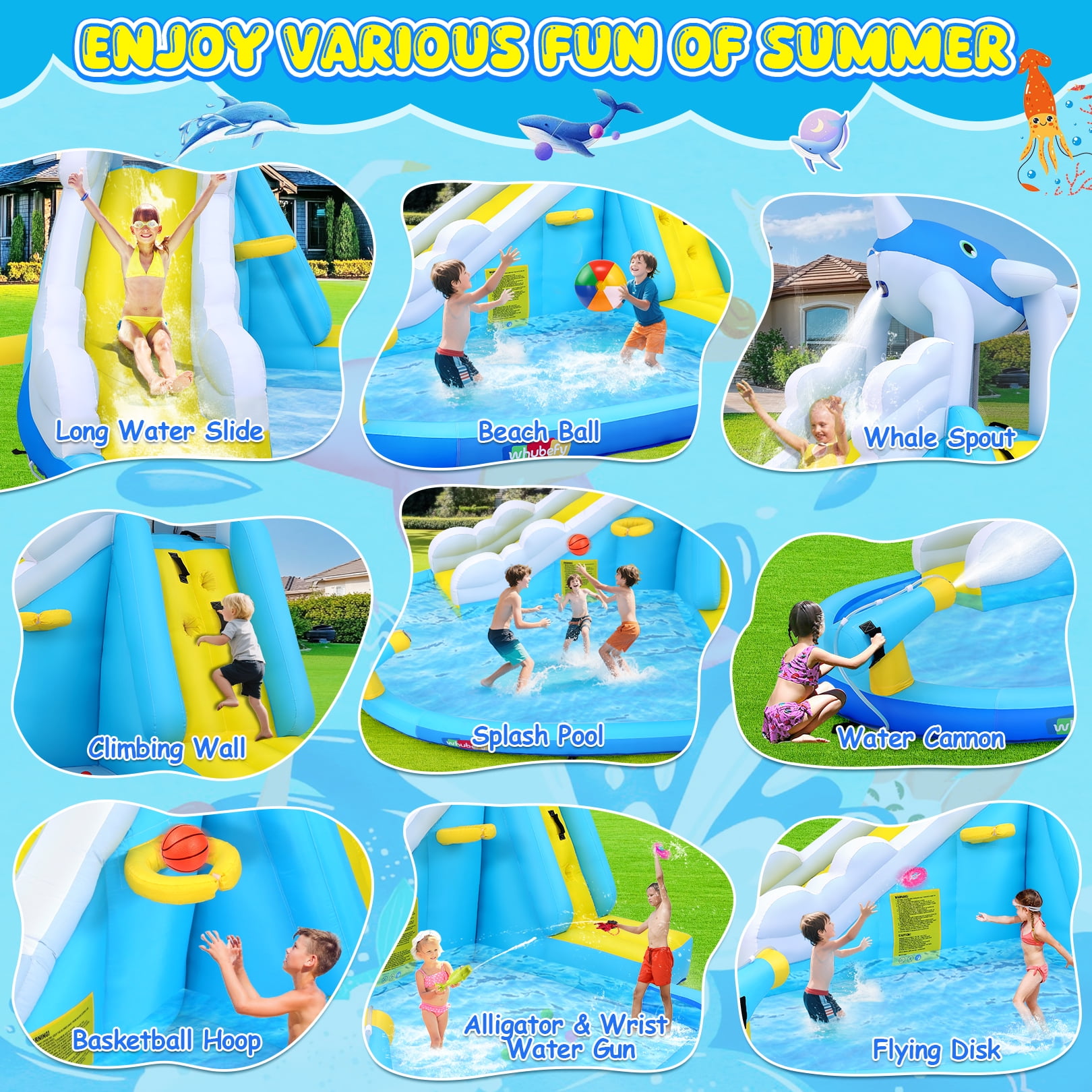 Adnoom Inflatable Water Slide with 480W Blower, Bounce House for Kids Backyard, Bouncy Castle with Large Pool/Basketball Hoop, Inflatable Water Park with Whale Water Slide/Climbing Wall/Water Cannon