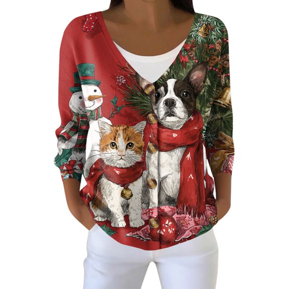 Women's Fashion Long Sleeve Christmas Snowman Snowflake Print Jacket Cardigan for Holiday Party and Casual Daily Wear,Red,L