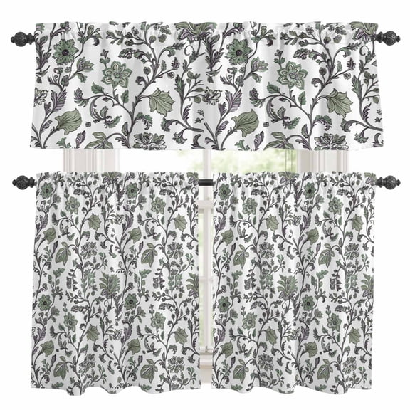Boho Leaf Kitchen Curtains Sets for Windows 24 Inch Length, Sage Green Spring Farmhouse Pastoral Tribal Rod Pocket Window Treatments Tier Curtains and Valances Set for Bedroom/Bathroom