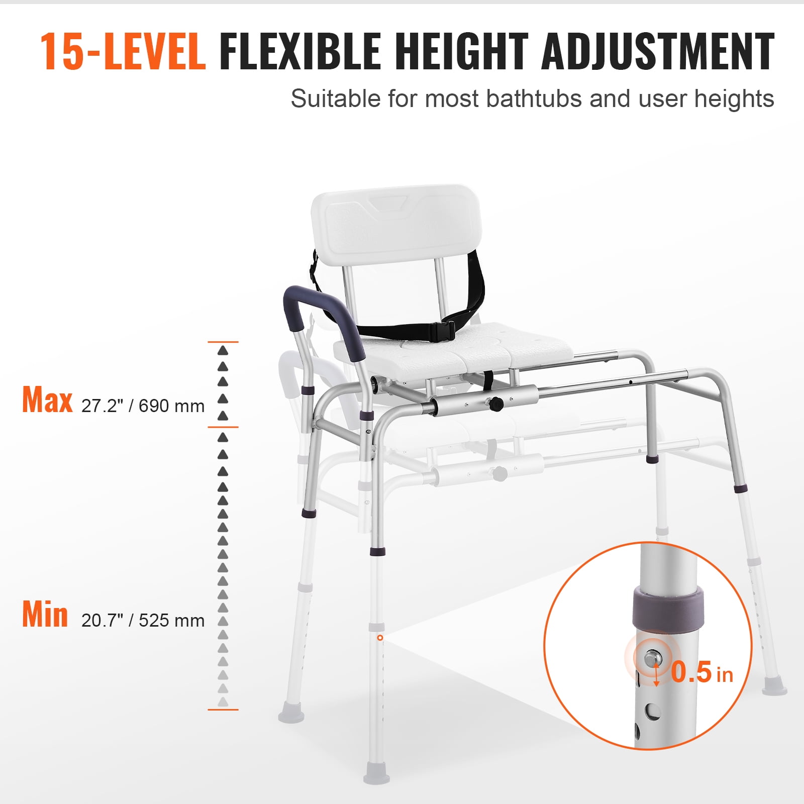VEVOR Sliding Tub Transfer Bench, Height Adjustable Bathtub Transfer Bench with Cut-Out Seat, Reversible Backrest & Safety Belt,400LBS Capacity