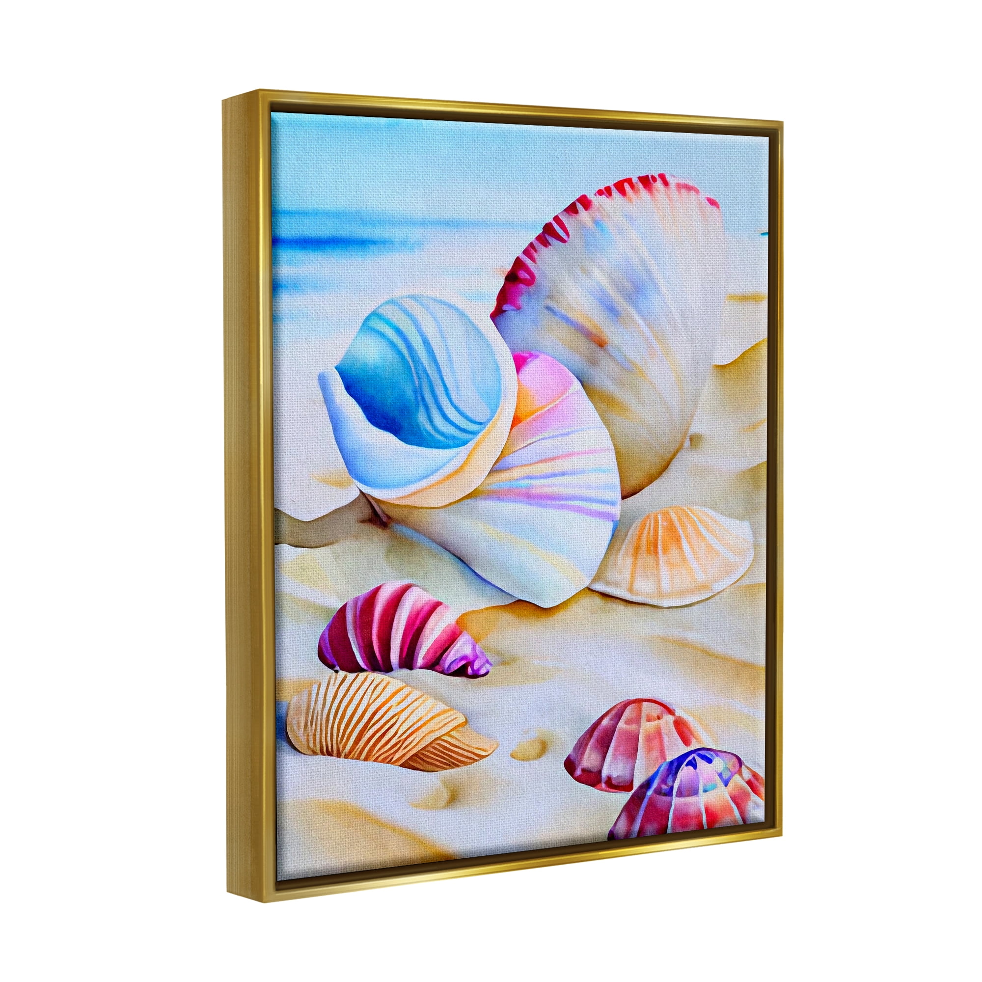 Stupell Industries Vibrant Seashells on Beach Nature Painting Gold Floater Framed Art Print Wall Art, 17 x 21