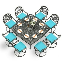 VIVIJASON 9-Piece Outdoor Furniture Dining Set for 8, All-Weather Cast Aluminum Patio Table and Chairs Set with 8 Swivel Rocker Chairs, 64" Large Square Dining Table with Umbrella Hole, Ocean Blue