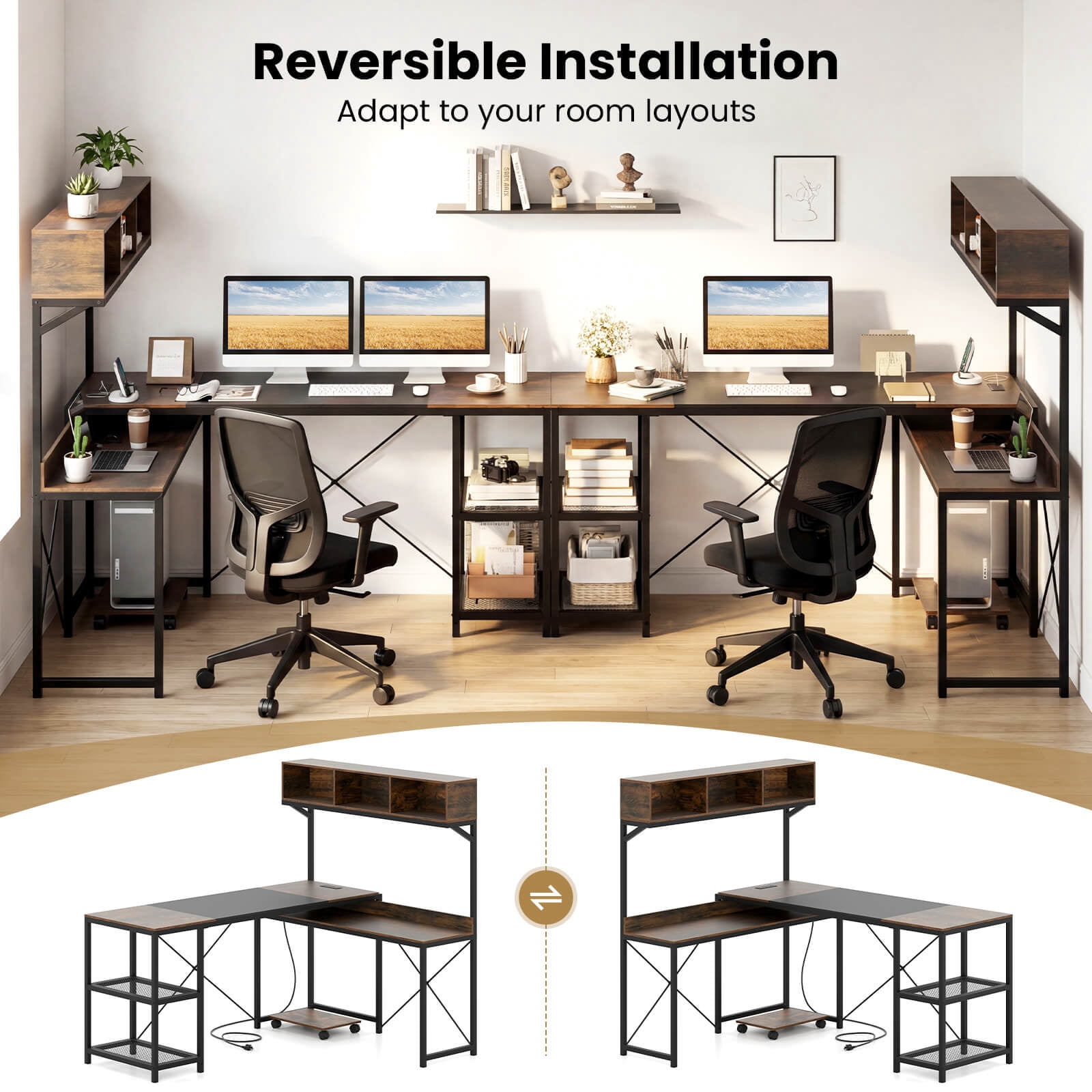 Costway L-Shaped Computer Desk with Power Outlets, 62” Corner Desk with Storage Hutch