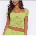 thumbnail image 2 of Aojekbee Women Lace Top, Short Sleeve Pleated See-through Slim Fit Summer Crop Top Clubwear, 2 of 10