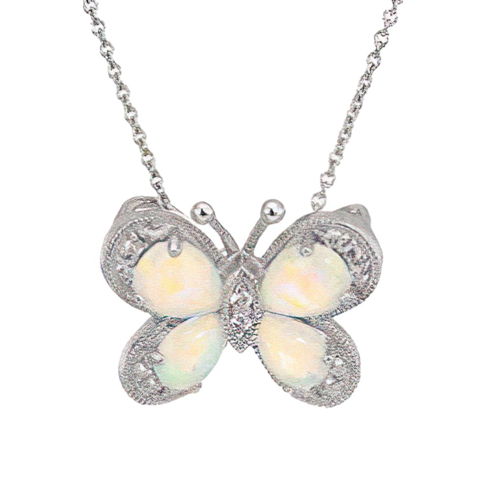 Jewelili Sterling Silver Created White Sapphire &Opal Butterfly
