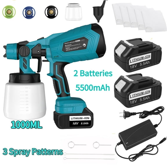 Huajiang Tech 18V Cordless Paint Sprayer,3 Nozzles,3 Spray Patterns with 2PCS 5.5Ah Battery and Charger Easy to Spray and Clean for Home Painting