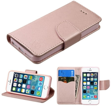 Insten Book-Style Leather Wallet Fabric Case w/stand/card slot For Apple iPhone SE / 5 / 5S - Rose Gold