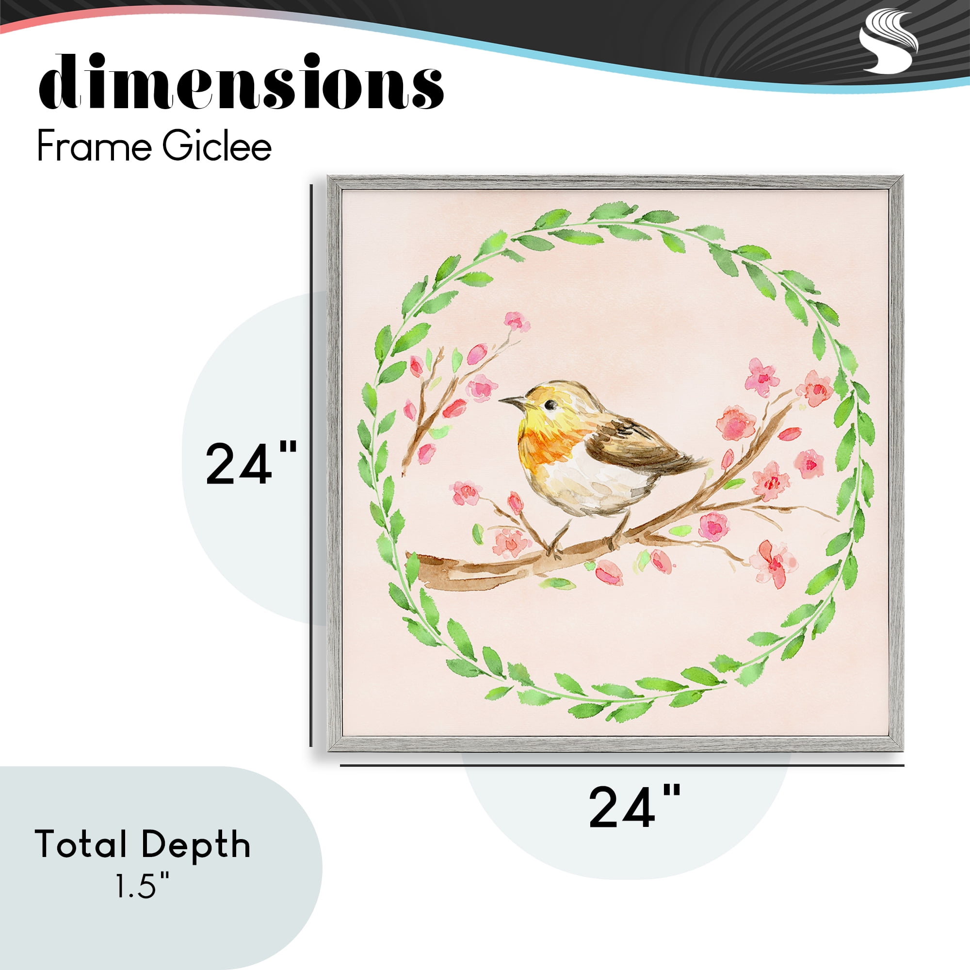 Spring Wreaths Bird Gray Framed Giclee Art, design by Elena Fay