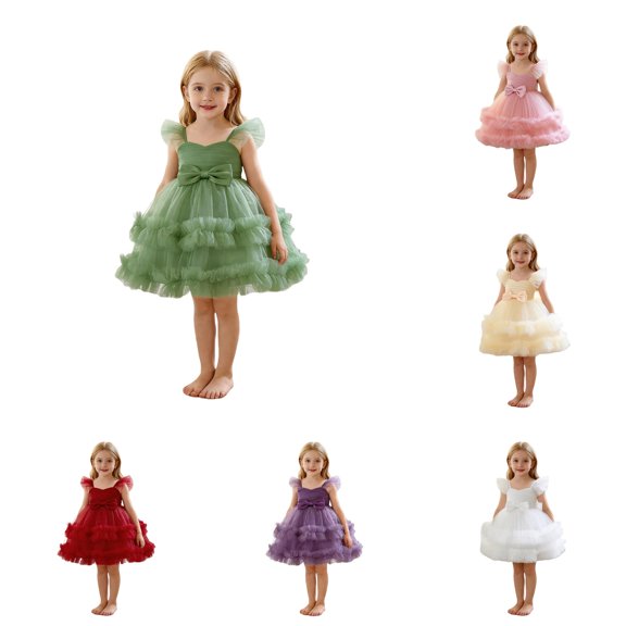 Girls Dress Short Sleeve Bowknot Layered Tutu Skirt Elegant Gown Airy Mesh Tulle for Party Dress Set