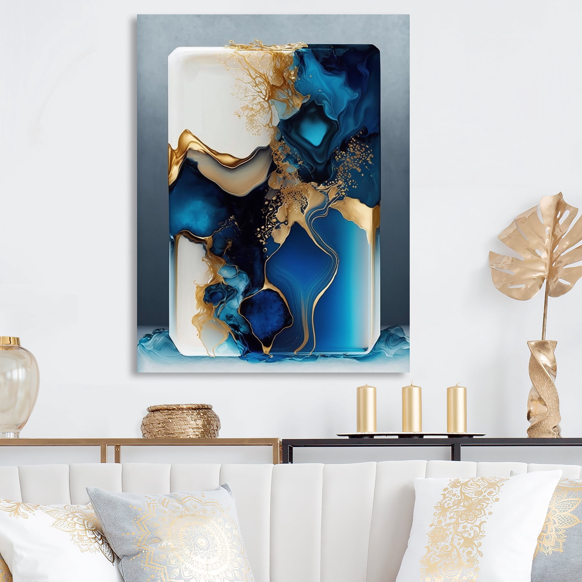 Designart Abstract Geode Gold And Blue Marble III Canvas Wall Art