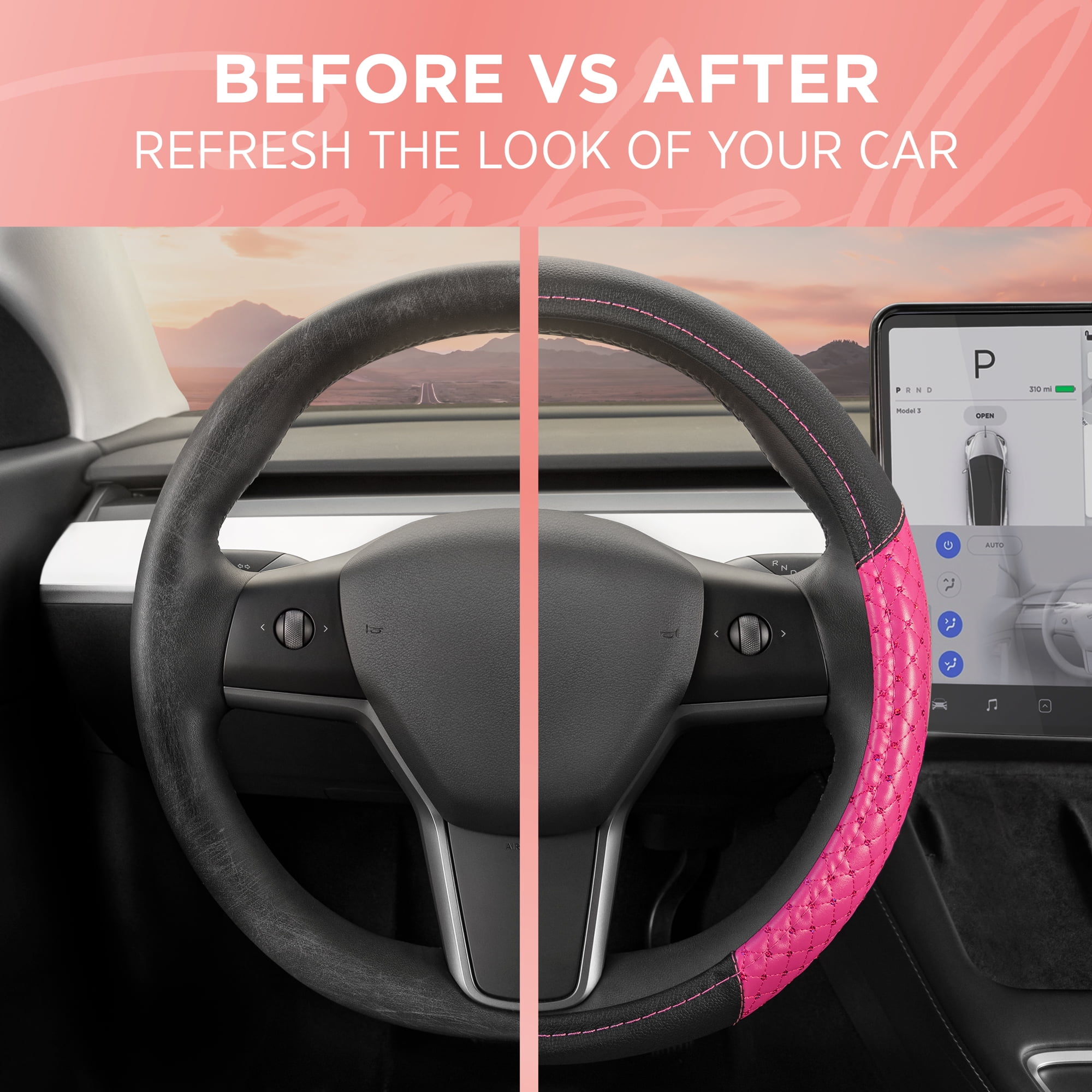 BDK CarXS Diamond Quilt Steering Wheel Cover, Pink – Breathable Anti-Slip Protector with Bling Bling Sequin for Women, Fits Most Standard Wheel Sizes 14.5-15 inch