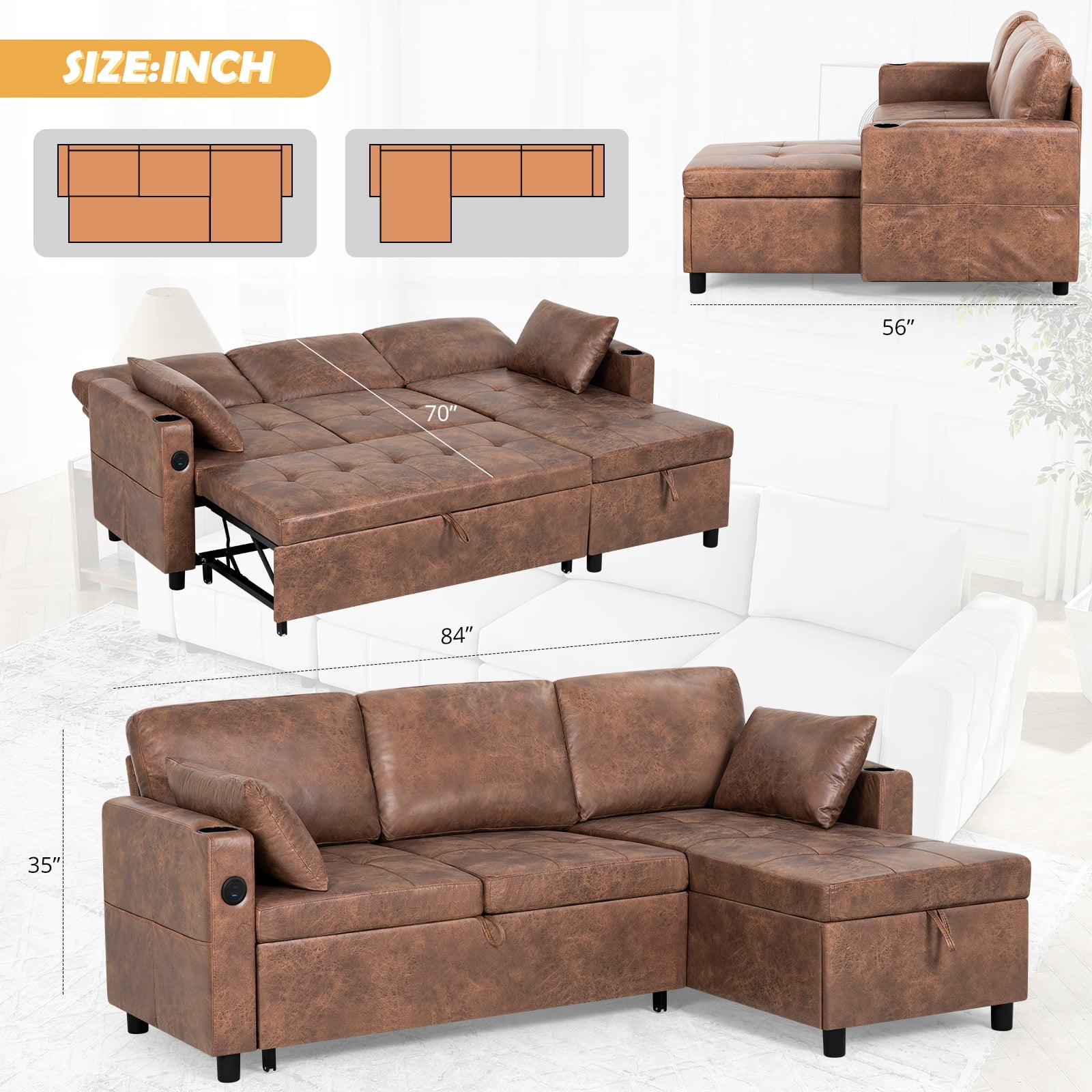 ACMEASE 84" Suede Leather Sectional Sofa w/Adjustable Backrests, Pull Out Sofa Bed w/USB Charger Port& Reversible Storage Chaise,Convertible L-Shaped Sofa with Cup Holders for Living Room,Brown