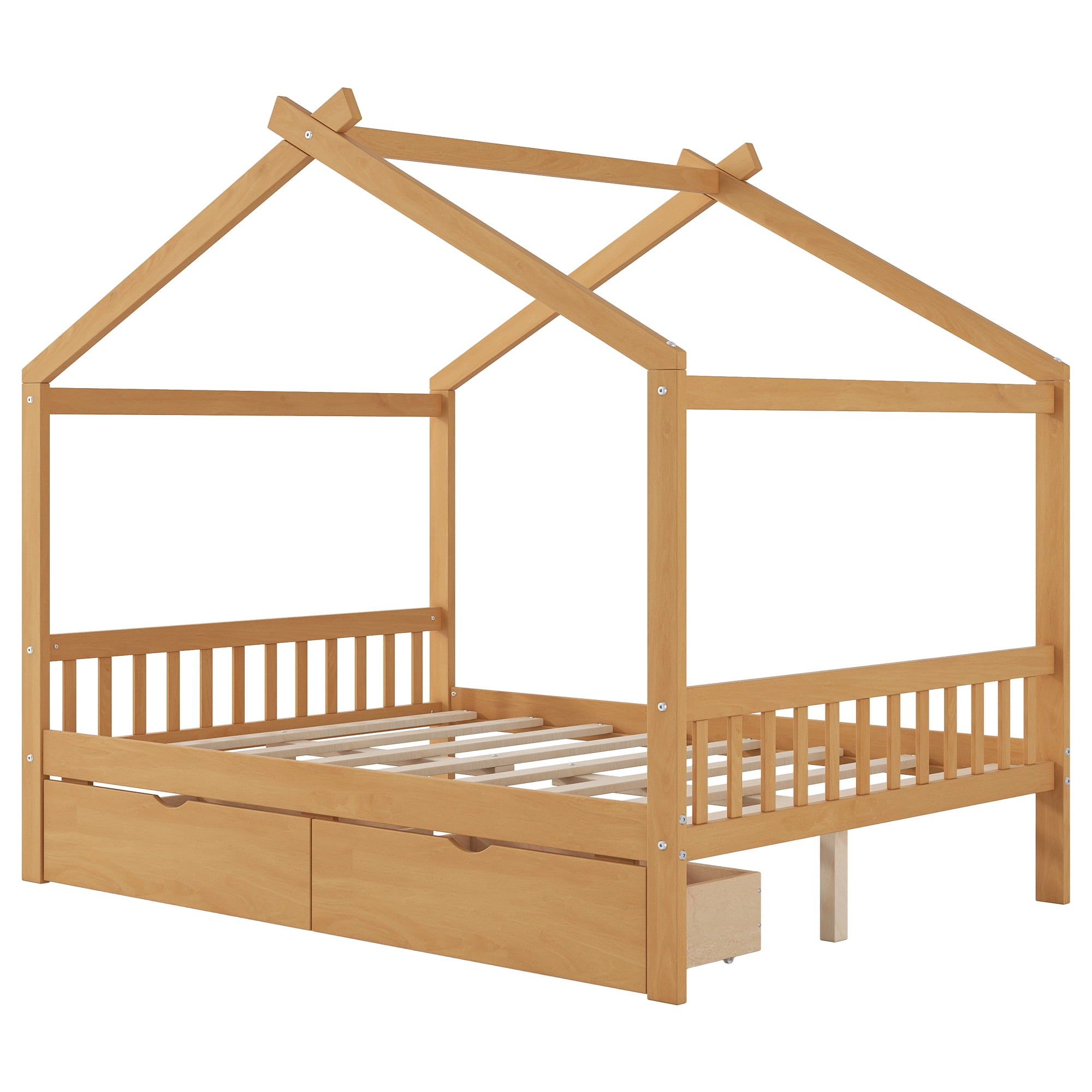 EUROCO Full Size House Bed with Two Drawers for Kids, Solid Wood Platform Bed for Living Room, Natural