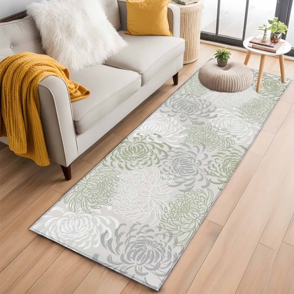 Sage Green White Kitchen Runner Rug 2x6 Washable Runners for Hallway Non Slip Abstract Grey Chrysanthemum Flower Large Area Rug Indoor Floor Carpet for Bathroom Laundry Entryway Bedroom Living Room