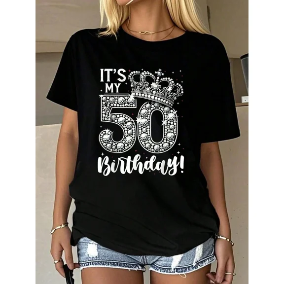 Fabulous 50th Birthday Queen T-Shirt for Women, Sparkly Rhinestone Graphic Crown Fifty Years Old Celebration Top, Elegant Black Short Sleeve Party Apparel