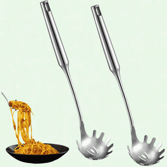Stainless Steel Spaghetti Server Set of 2, Heat Resistant Pasta Spoon with Teeth for Kitchen Dining Noodles