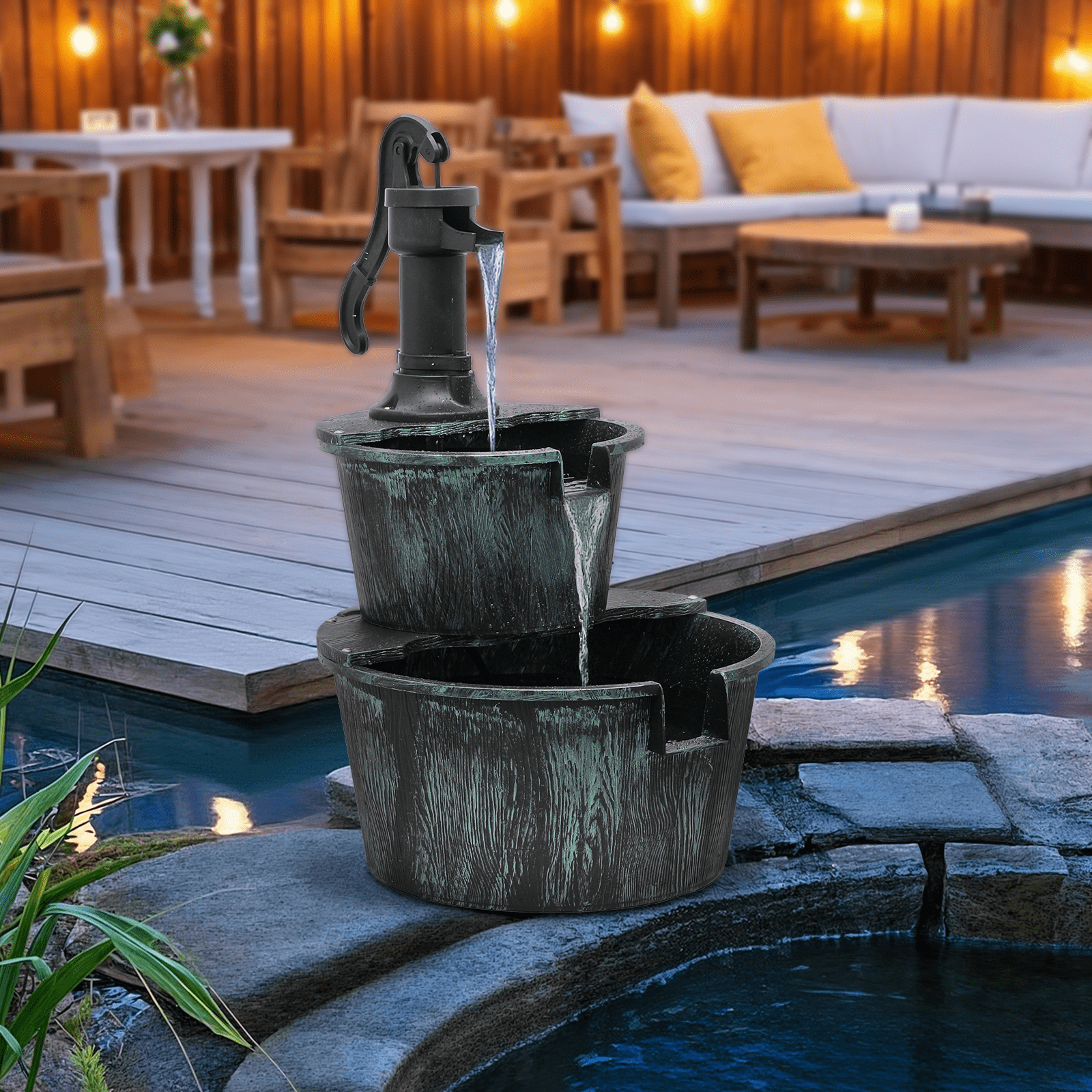MoNiBloom 2-Tier Barrel and Pump Fountain Outdoor, 27" Tall Cascading Waterfall Fountain with Electric Recirculating Pump for Garden Patio Backyard Decor, Green