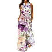 QLEICOM Summer Dresses for Women 2023 Casual Floral Print Deep V Neck Sleeveless Dress Bohemian Flowy Long Maxi Dresses Purple E XL, US Size: 10