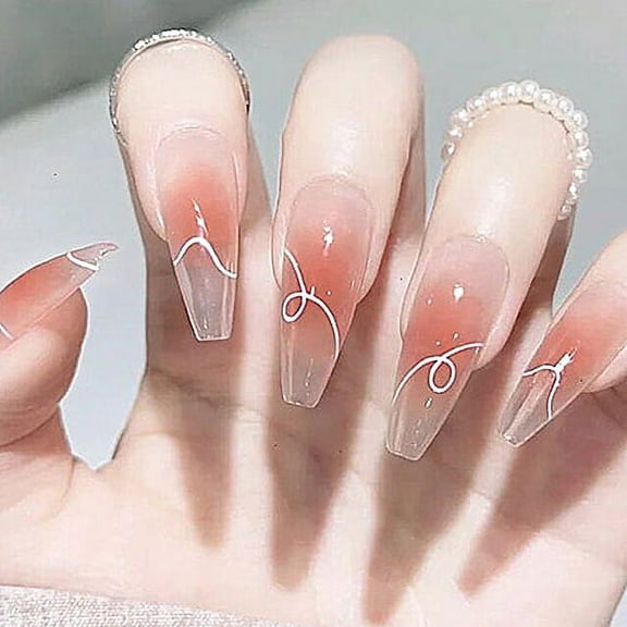 24pcs Press On False Nails Fake Nail Salon Full Cover Design for Women Girls Gift Extra Long Coffin Pink