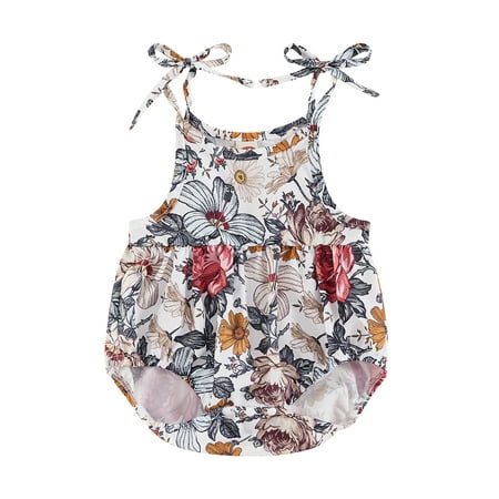

ESASSALY Baby Girls Romper Flower Print Bow Lacing Sleeveless Adorable Jumpsuit