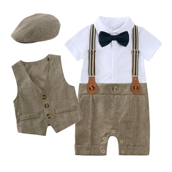 WUANDIXFA Boys Wedding Outfit Boy Baby Boys Summer Suits Short Sleeve Wedding Ring Bearer Outfits 3Pcs Graduation Dress Vest Shirt Bowtie Shorts Set Brown,9-12 Months