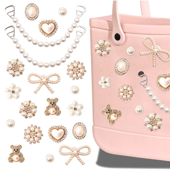 20 Pcs Pearl DIY Rubber Tote Bag Charms Set, Elegant Bow and Flower Inserts Pearl Chains, Compatible with Bogg Bags, Beach Bag Decorative Accessories
