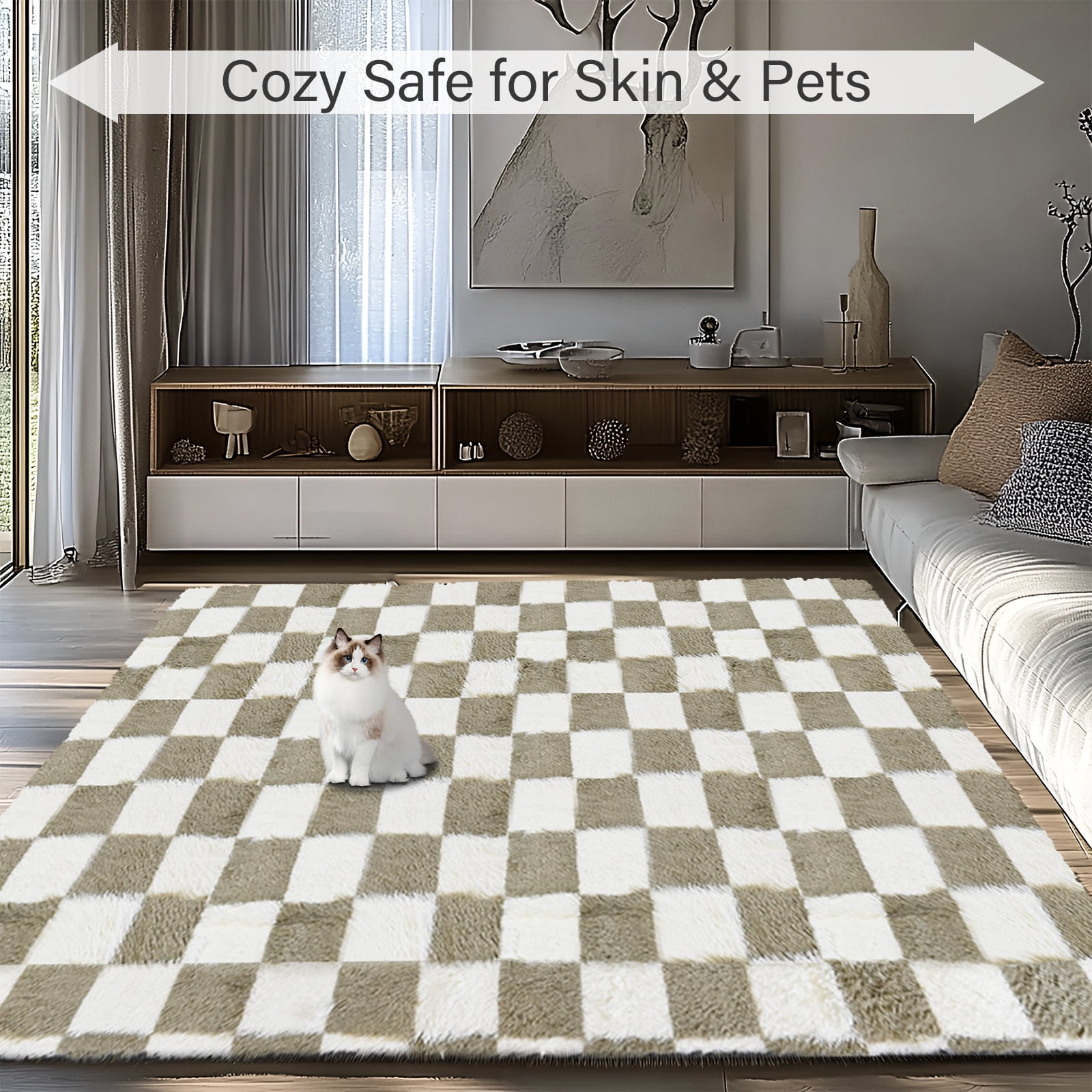 Pentantan 8ft x 10ft Shag Area Rugs for Living Room, Classic Checkered Fluffy Bedroom Carpet, Beige & White