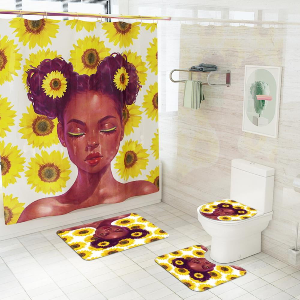 Details about   4Pc African Girl Waterproof Bathroom Shower Curtain Set Toilet Lid Cover Mat Rug 