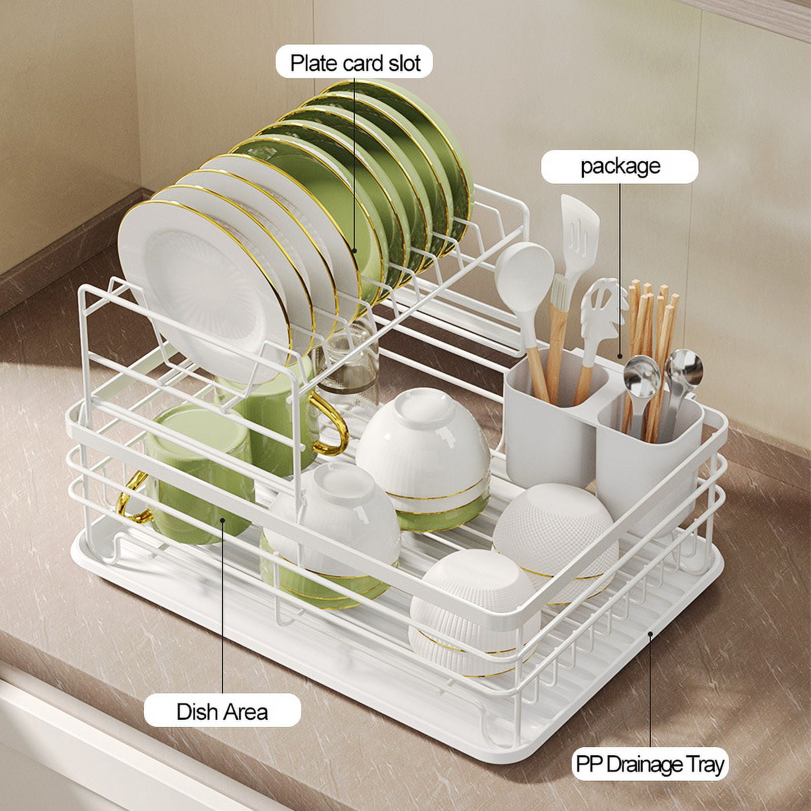 2-Tier Dish Drying Rack with Tray Utensil Holder, Dish Drainer for Kitchen Counter Organizer Storage