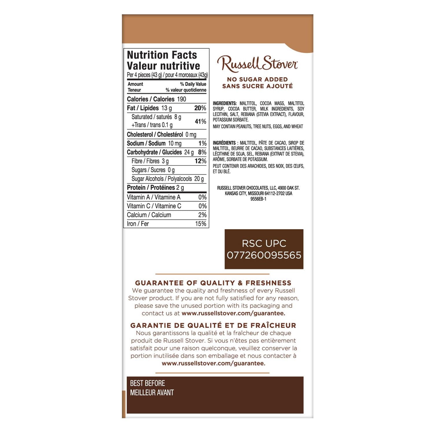 Russell Stover No Sugar Added Truffle Dark Chocolate Bar, 85 Grams