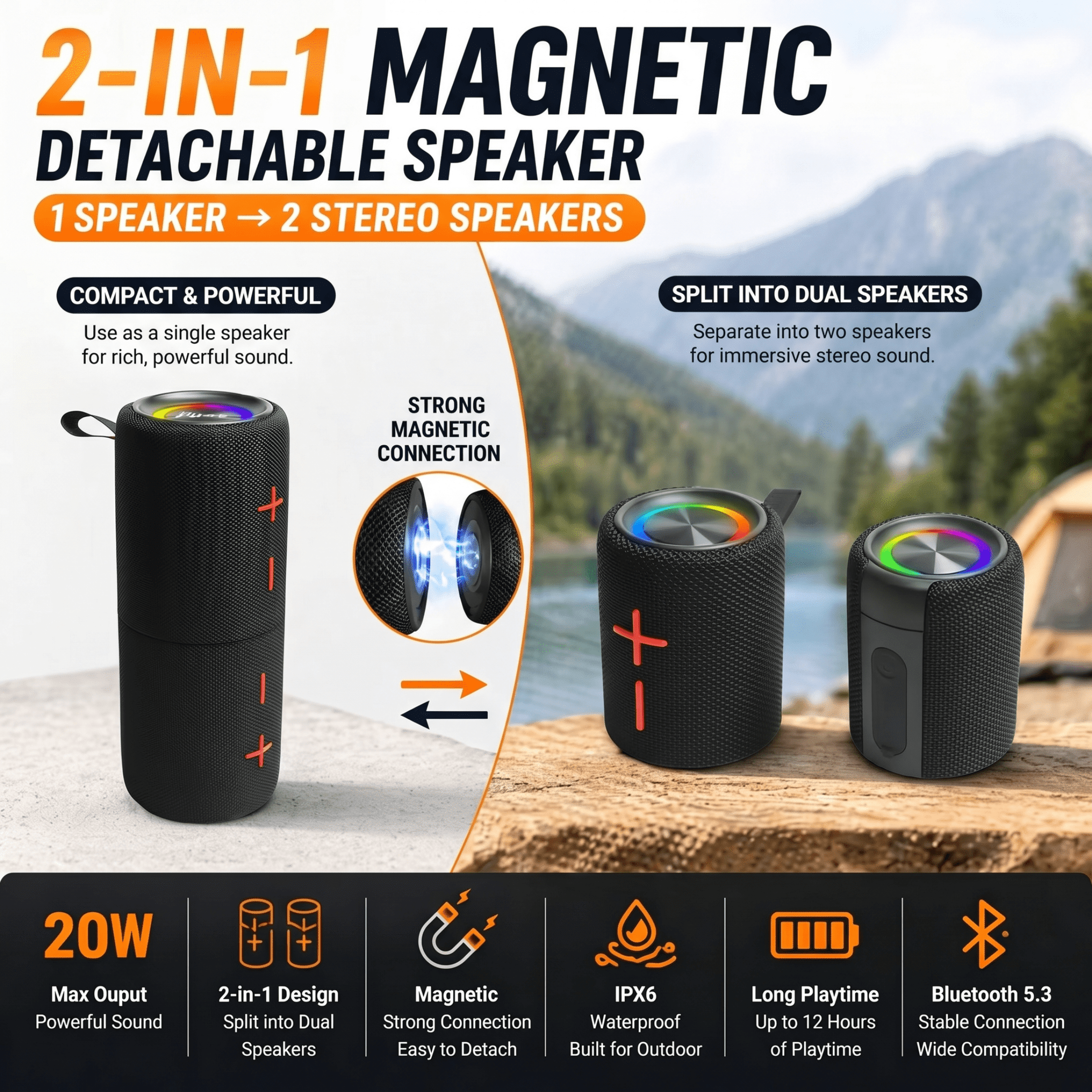 DCOWO Magnetic Bluetooth Speaker, 2-in-1 Detachable Wireless Speakers, 20W Stereo Sound, IPX6 Waterproof Portable Speaker for Outdoor Camping, Travel and Parties