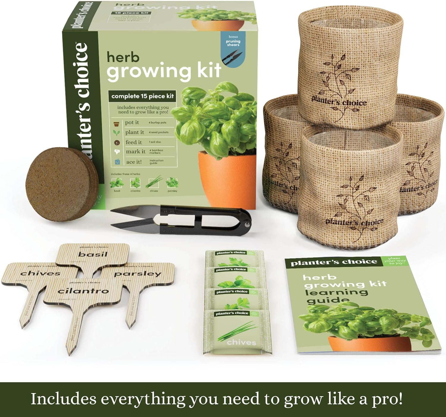 Herb Garden Growing Kit + Herb Grinder - Complete Kitchen Gardening Kit to Easily Grow 4 Culinary Herbs from Seed (Basil, Cilantro, Chives, Parsley) + Comprehensive Guide - Unique Gift for Women & Men