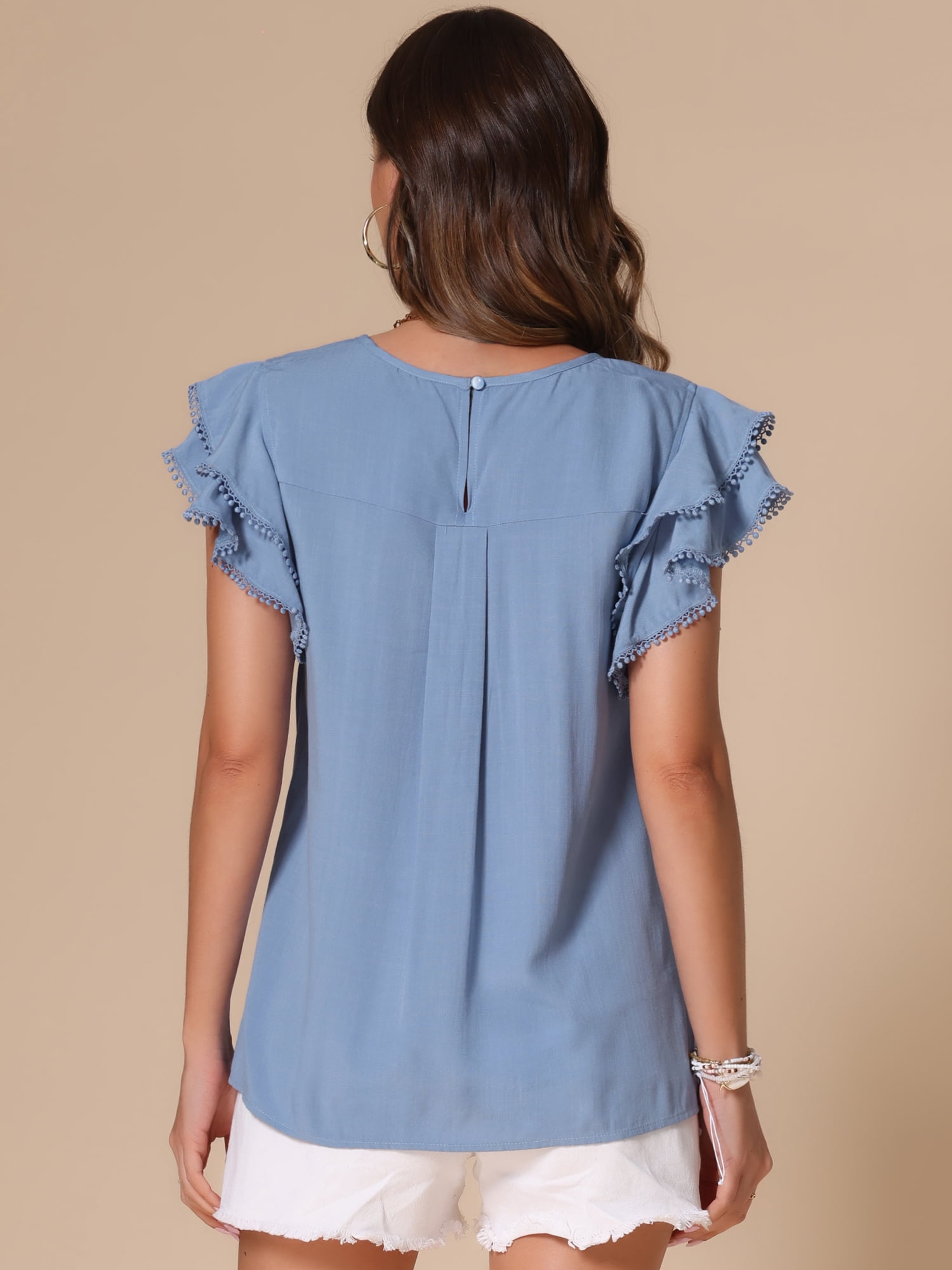DARING DIVA Women's Dressy Round Neck Ruffle Sleeve Work Tops L Blue Gray