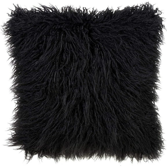 Mongolian Faux Fur Filled Throw Pillow, 22 in, Black