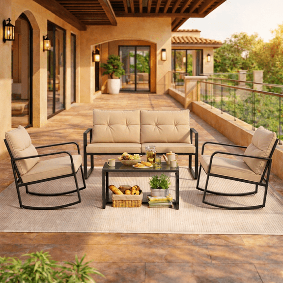 4-Piece All-Weather Steel Patio Conversation Set - Thick Cushioned Outdoor Sofa with Tempered Glass Coffee Table, Waterproof Backyard/Porch/Balcony/Poolside Furniture Beige