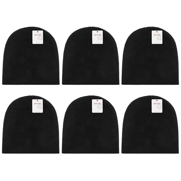 6 Pack Straight Knit Beanie Hat for Men & Women - Winter Warm Skull Cap, Stretchy Unisex Cold Weather Beanie, 6 Black