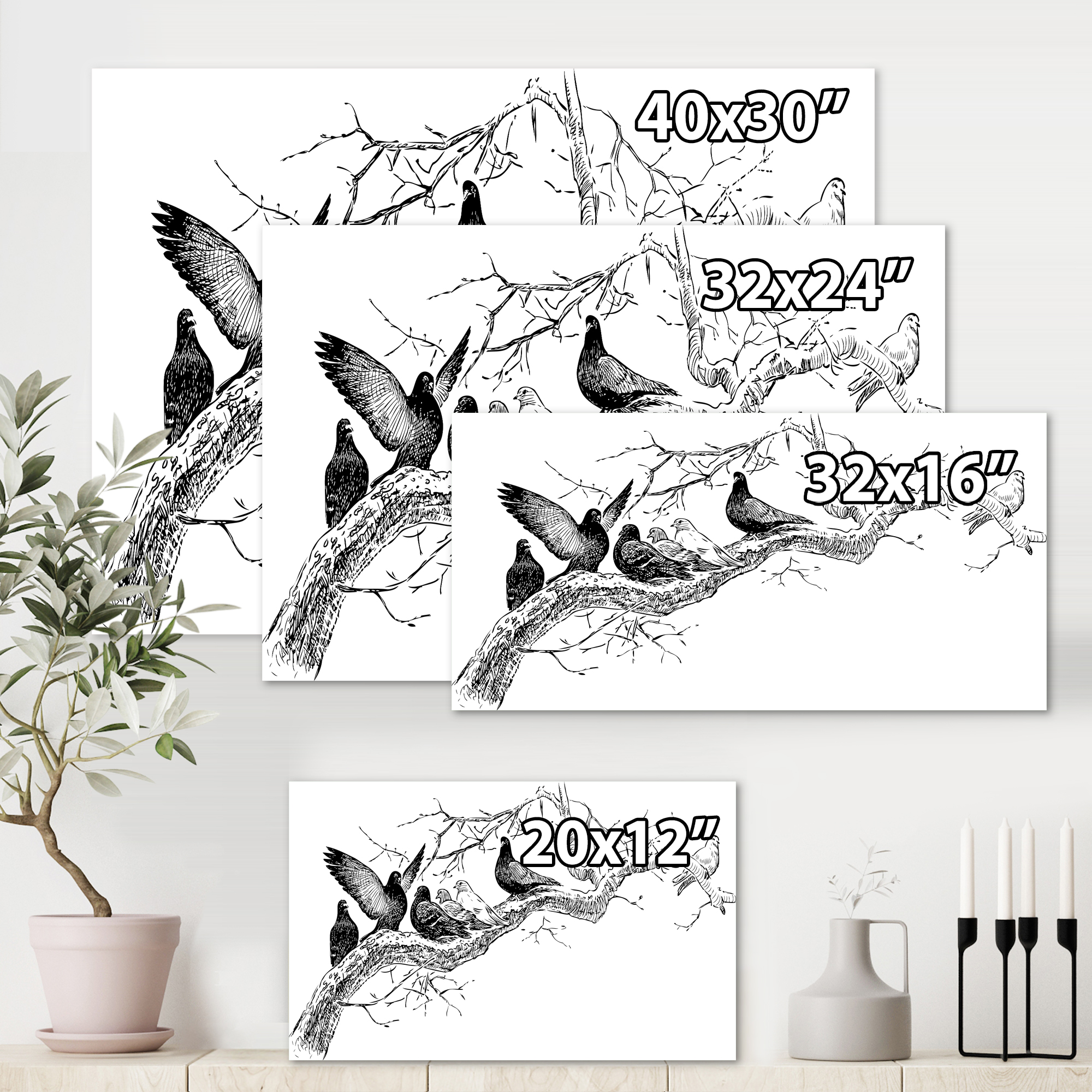 Designart ' Pigeons Sitting On The Tree Branch ' Traditional Canvas Wall Art Print