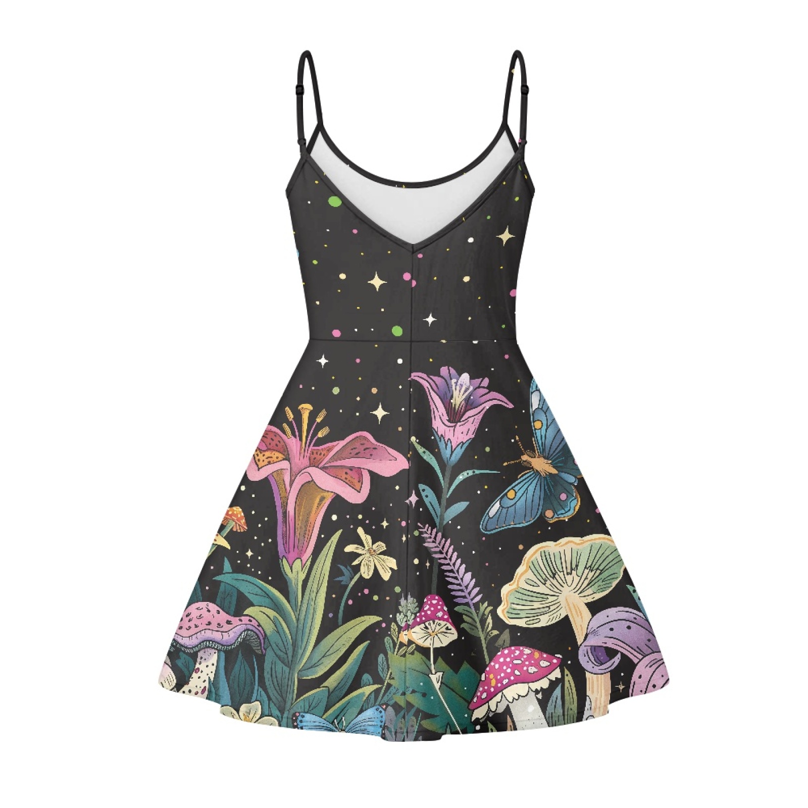Jeiento Sleeveless Dresses for Women Soft Swing Flared Summer Party Fashion Midi Dress with Spaghetti Strap Great Gift for Teen Girls Size M, Aesthetic Mushroom