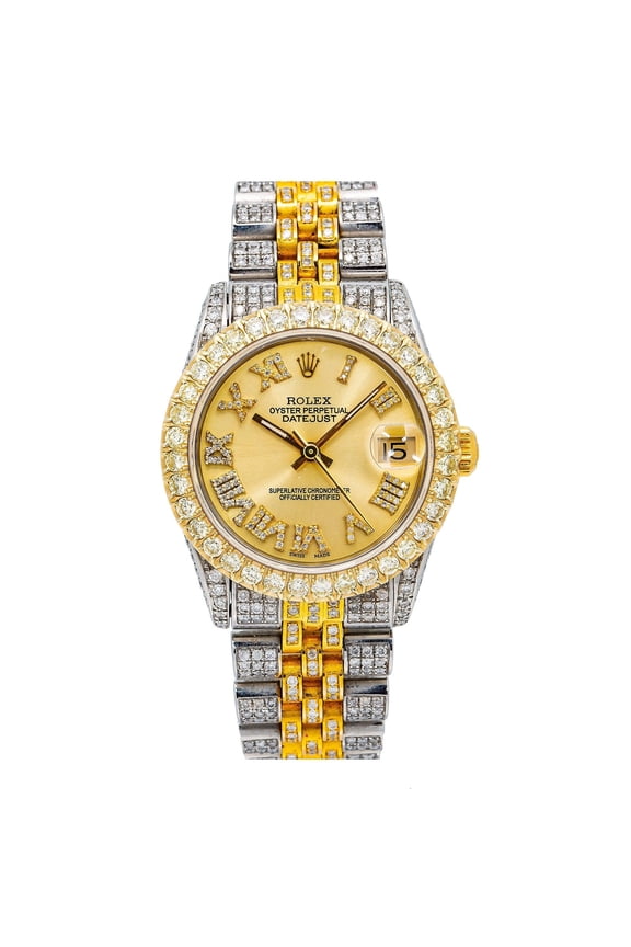 Pre-Owned Rolex Datejust 31MM 6824 Champagne Roman Diamond Dial Diamond Bezel Two Tone Yellow Gold Full Diamond Jubilee Bracelet 8.75ct
